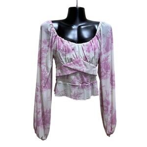 Pie In The Sky Pink Toile Peasant Top M Ruched Long Sleeve Cottagecore Blouse